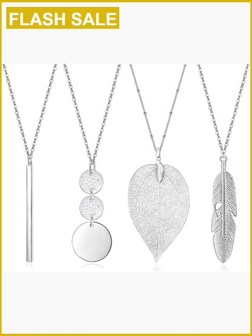 4 Piece Long Pendant Necklace Set - Bar Feather Circle Leaf Tassel Y Necklace,